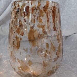 Hand Blown Art Glass Vase w/ Brown Spots & Gold Color Glitter Inclusions